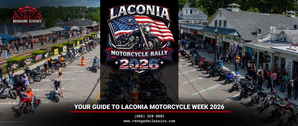 Laconia Motorcycle Week 2026 featured image showing the Laconia rally logo, blog title, Renegade Classics logo, website address, and contact phone number.