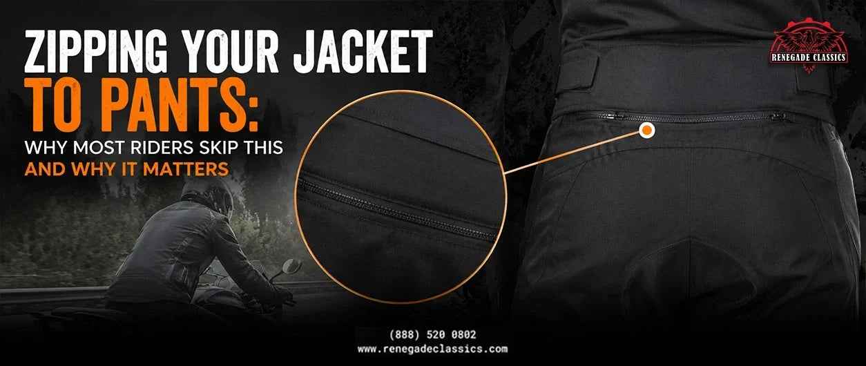 The image features the title “Zipping Your Jackets to Pants” and a man wearing zipper pants while riding a motorcycle.