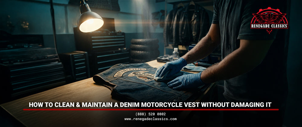 The image features the title “How to Clean and Maintain a Denim Motorcycle Vest,” with the Renegade Classics logo at the top right, and contact number and website address at the bottom. 