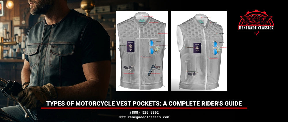 Image features a man in a leather vest highlighting pockets, blog title on vest pocket types, plus Renegade Classics logo, phone number, and website address. 