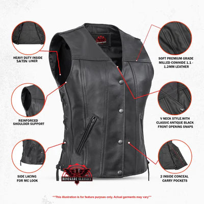 Ella™ Women's leather motorcycle vest -  Black
