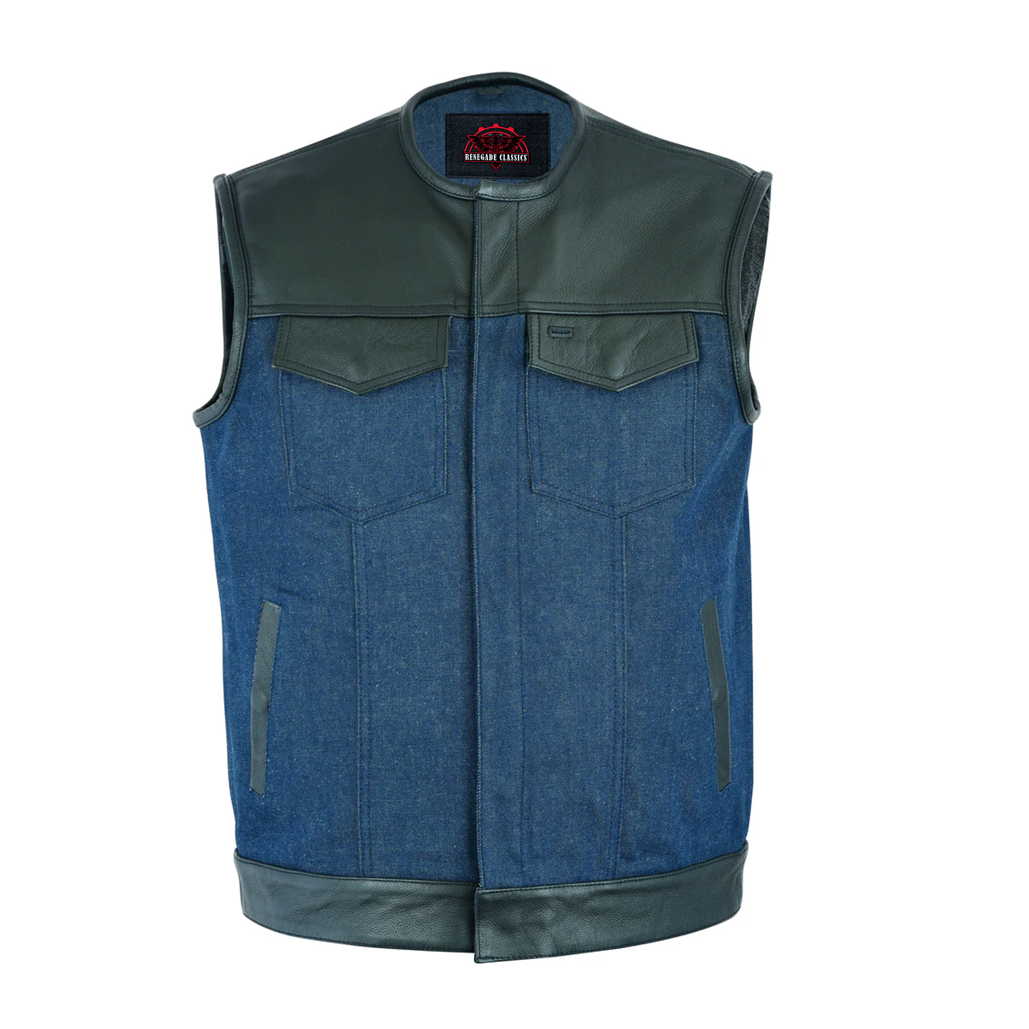 Blueburn™ Men's Leather & Denim Combo Motorcycle Vest (Black/Broken Blue)