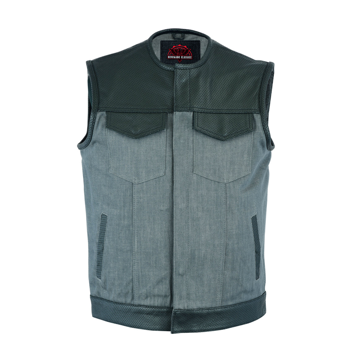 Edgeway™ Men's Leather & Denim Combo Motorcycle Vest (Black/Ash Gray)