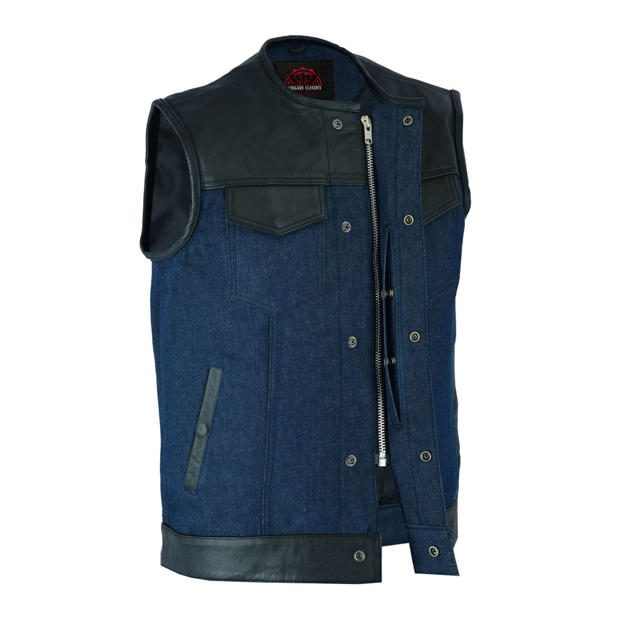 Blueburn™ Men's Leather & Denim Combo Motorcycle Vest (Black/Broken Blue)