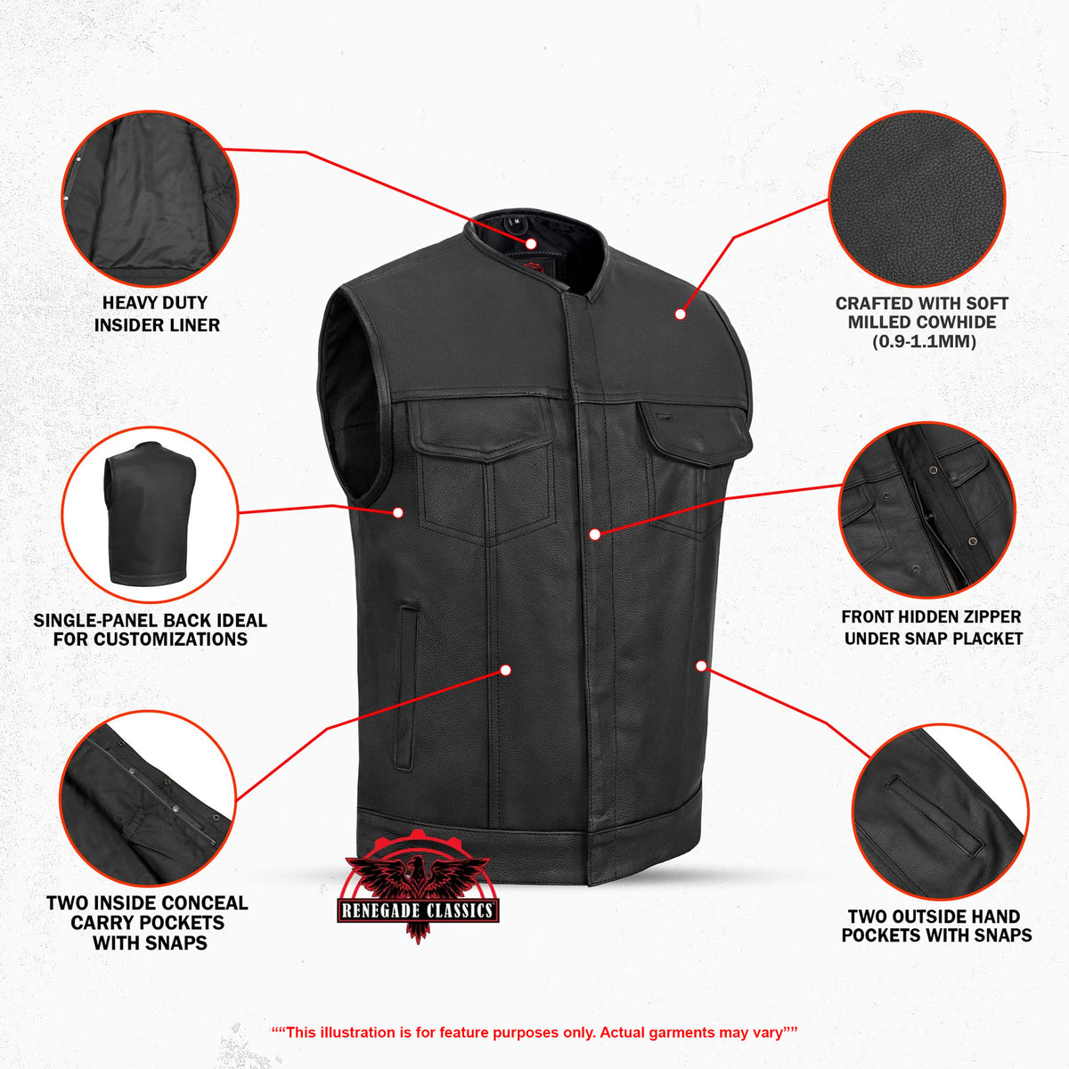 Dawn Run™ Mens Leather Motorcycle Vest - Features