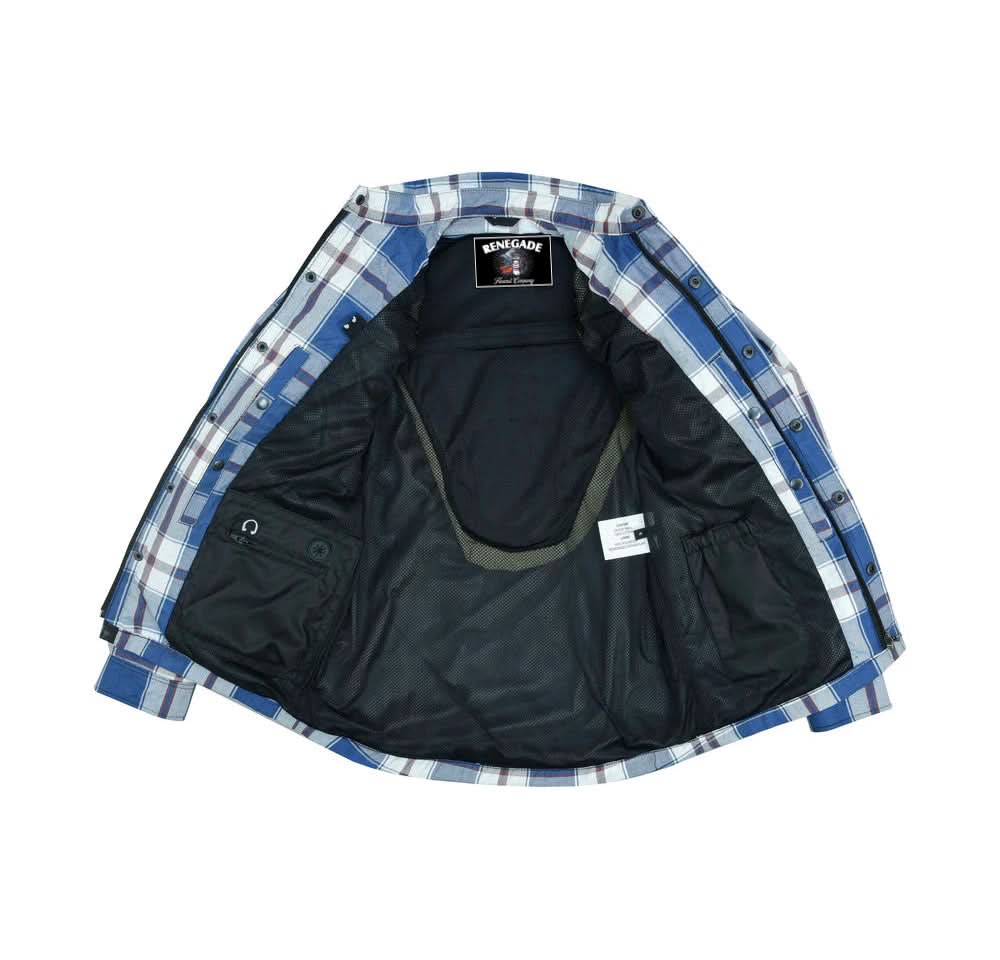 Alpha Check Men's Armored Motorcycle Flannel Shirt - Blue/White/Maroon