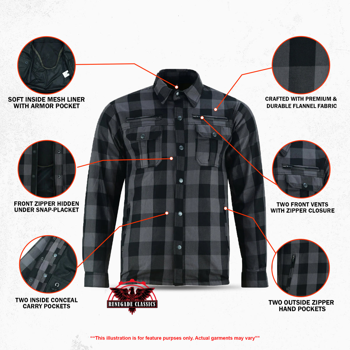 Alpha Check™ Men's Armored Motorcycle Flannel Shirt - Gray/Black