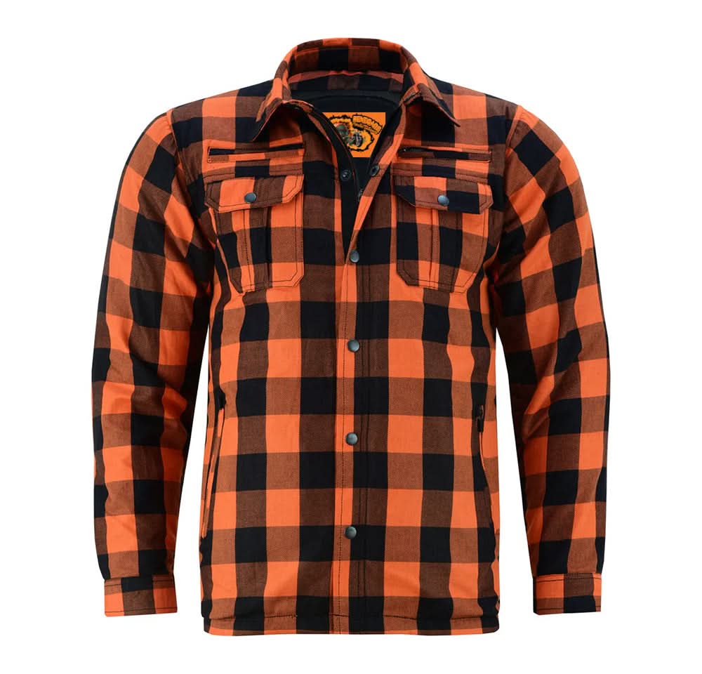 Alpha Check Men's Armored Motorcycle Flannel Shirt - Orange