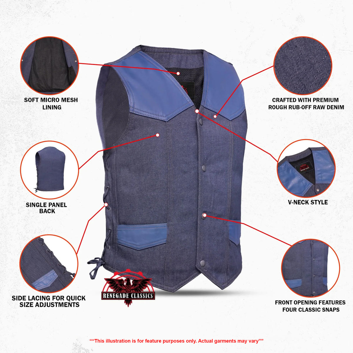 Caldrex Mens Motorcycle Denim Vest - Features