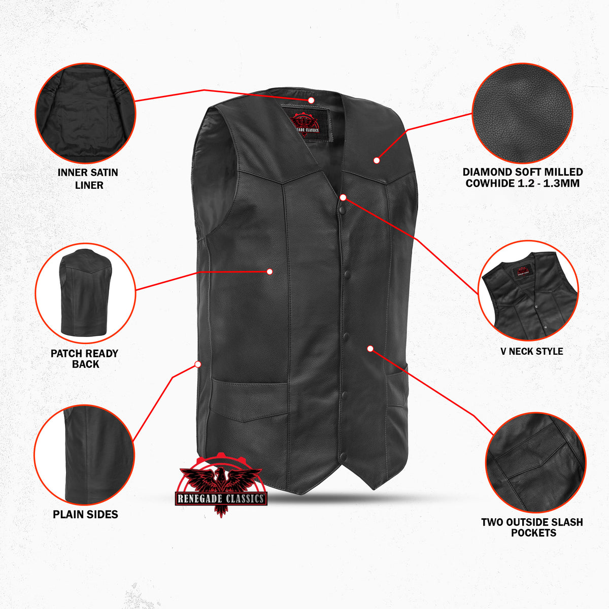 Black Hide Mens Tall Motorcycle Leather Vest