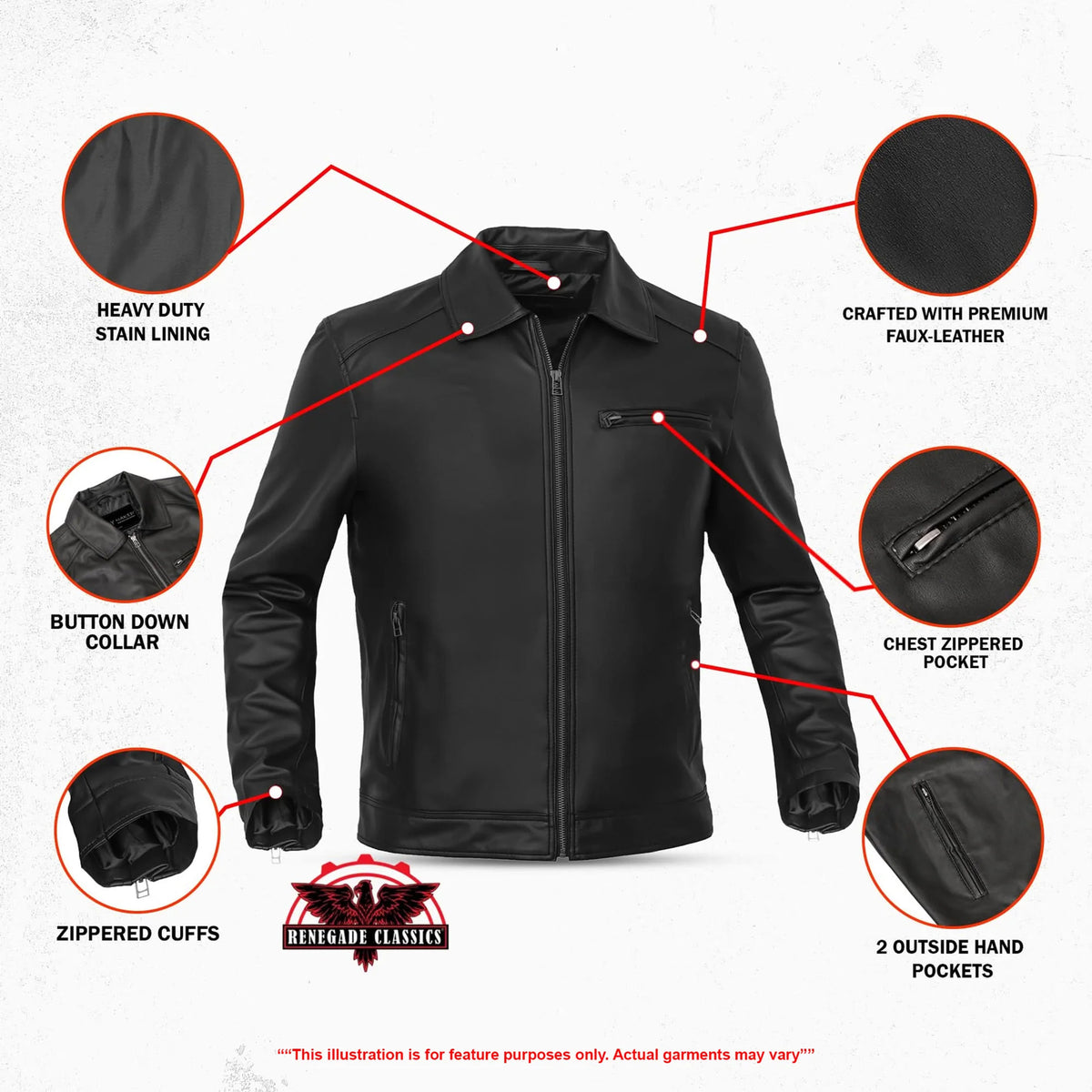Jet Pace Men’s Faux Leather Motorcycle Jacket - Features