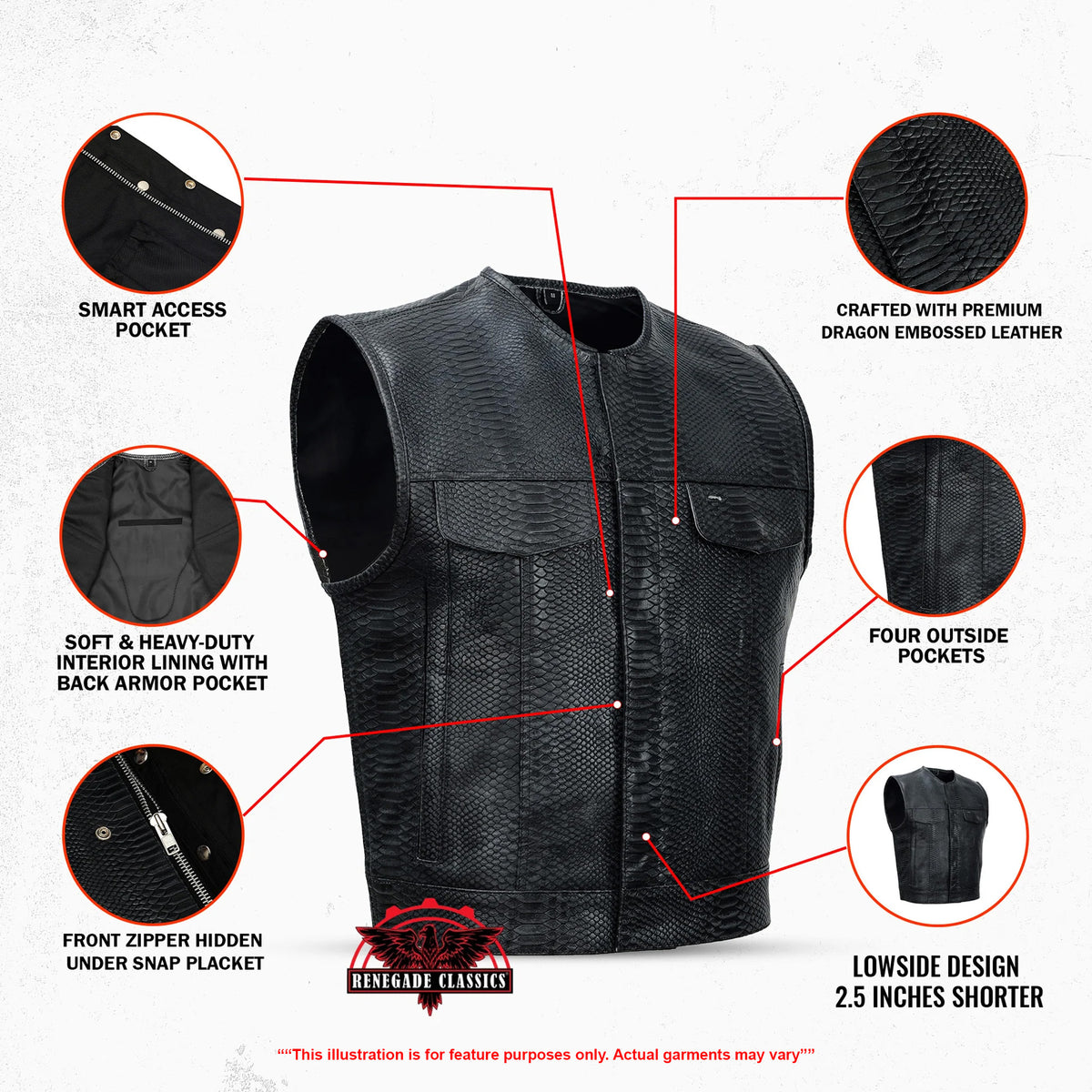 Leather Fang Lowcut Men's Leather Vest - Features
