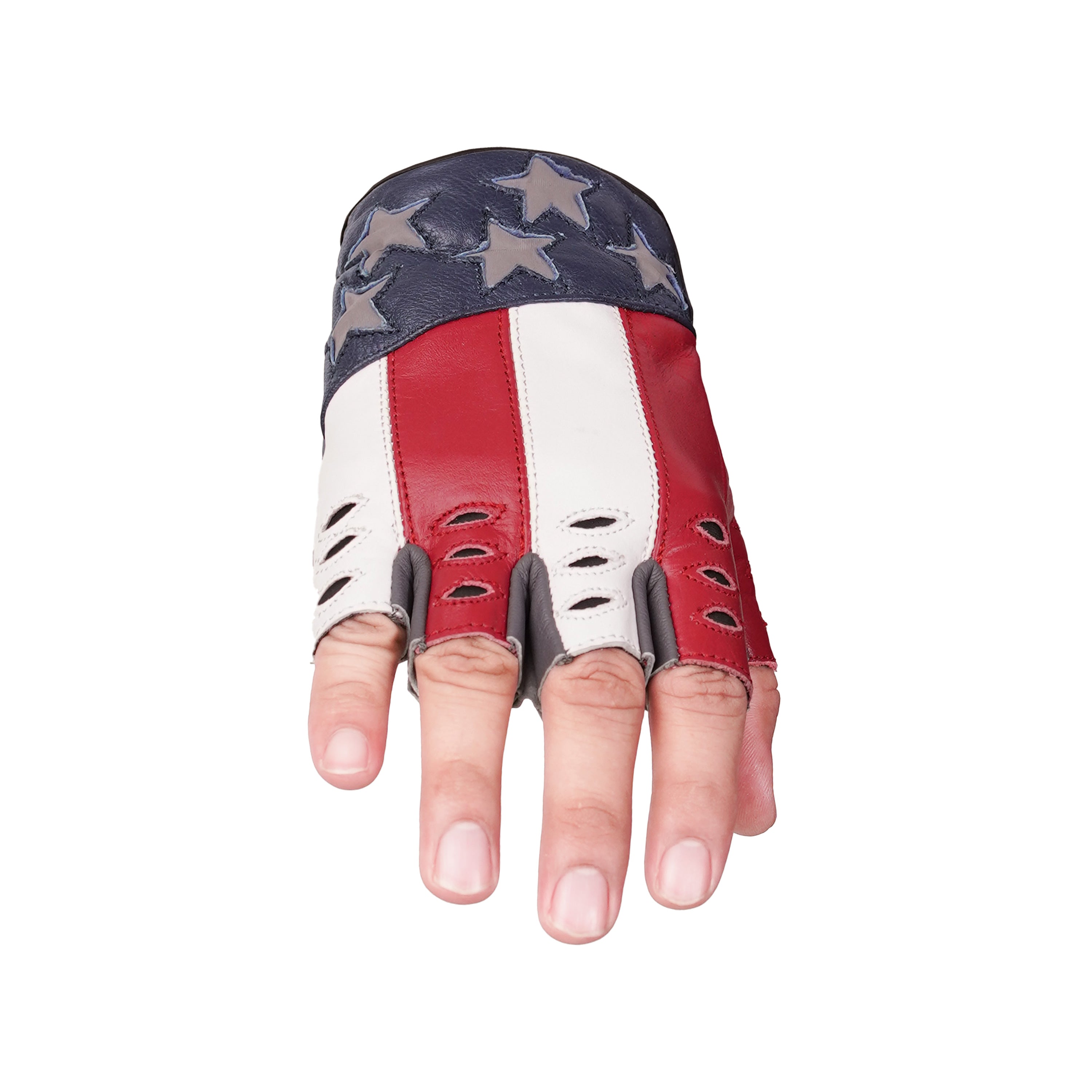 ThrottleFit™ Men's  leather Fingerless gloves - Red, White & Blue