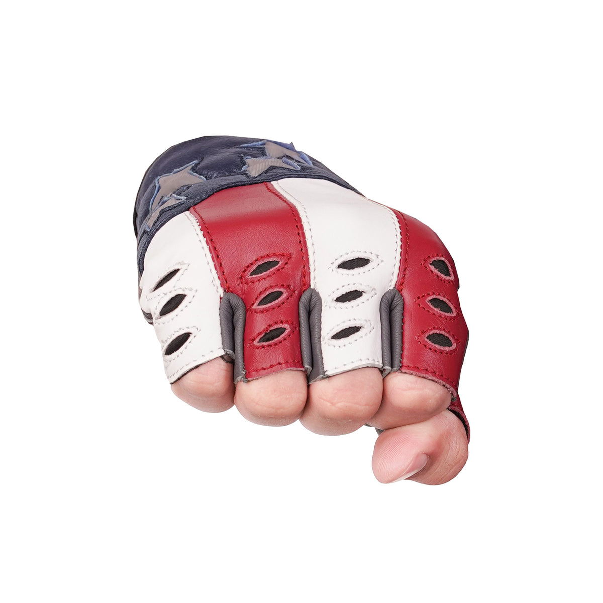 ThrottleFit™ Men's  leather Fingerless gloves - Red, White & Blue