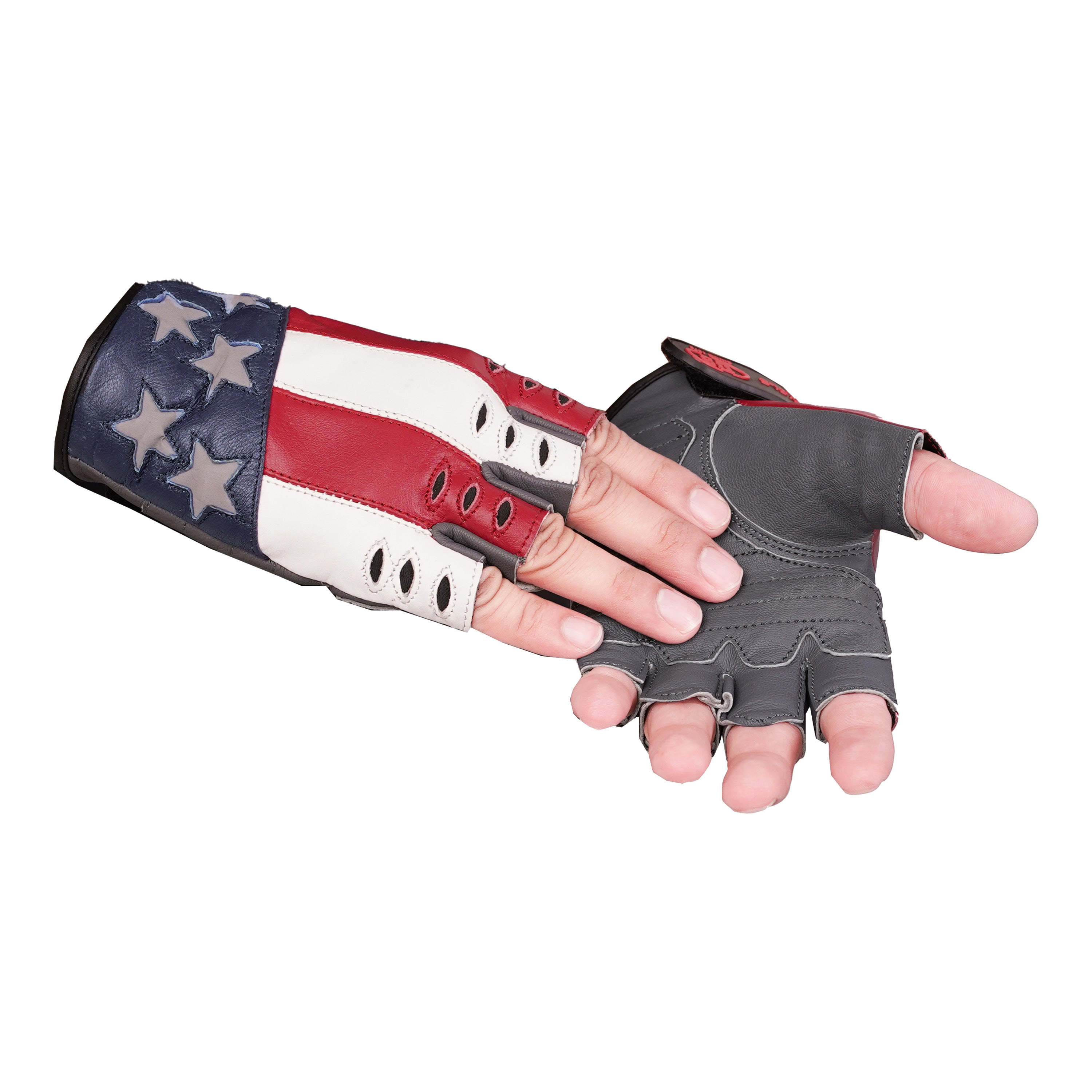 ThrottleFit™ Men's  leather Fingerless gloves - Red, White & Blue