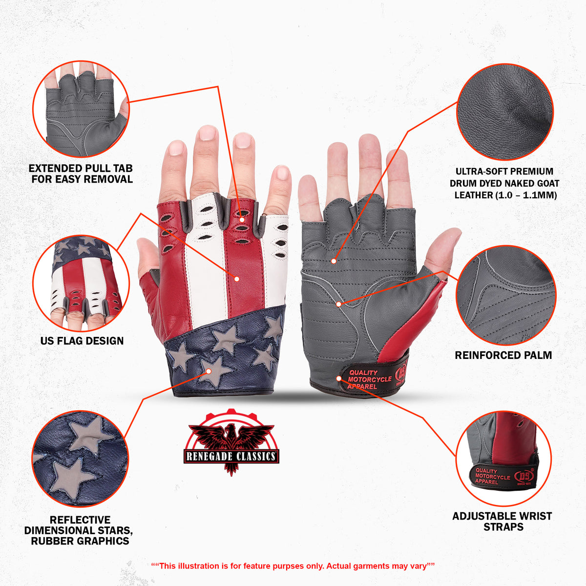 ThrottleFit™ Men's  leather Fingerless gloves - Red, White & Blue