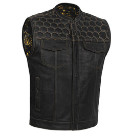 Gold Thread Black Leather Motorcycle Vest