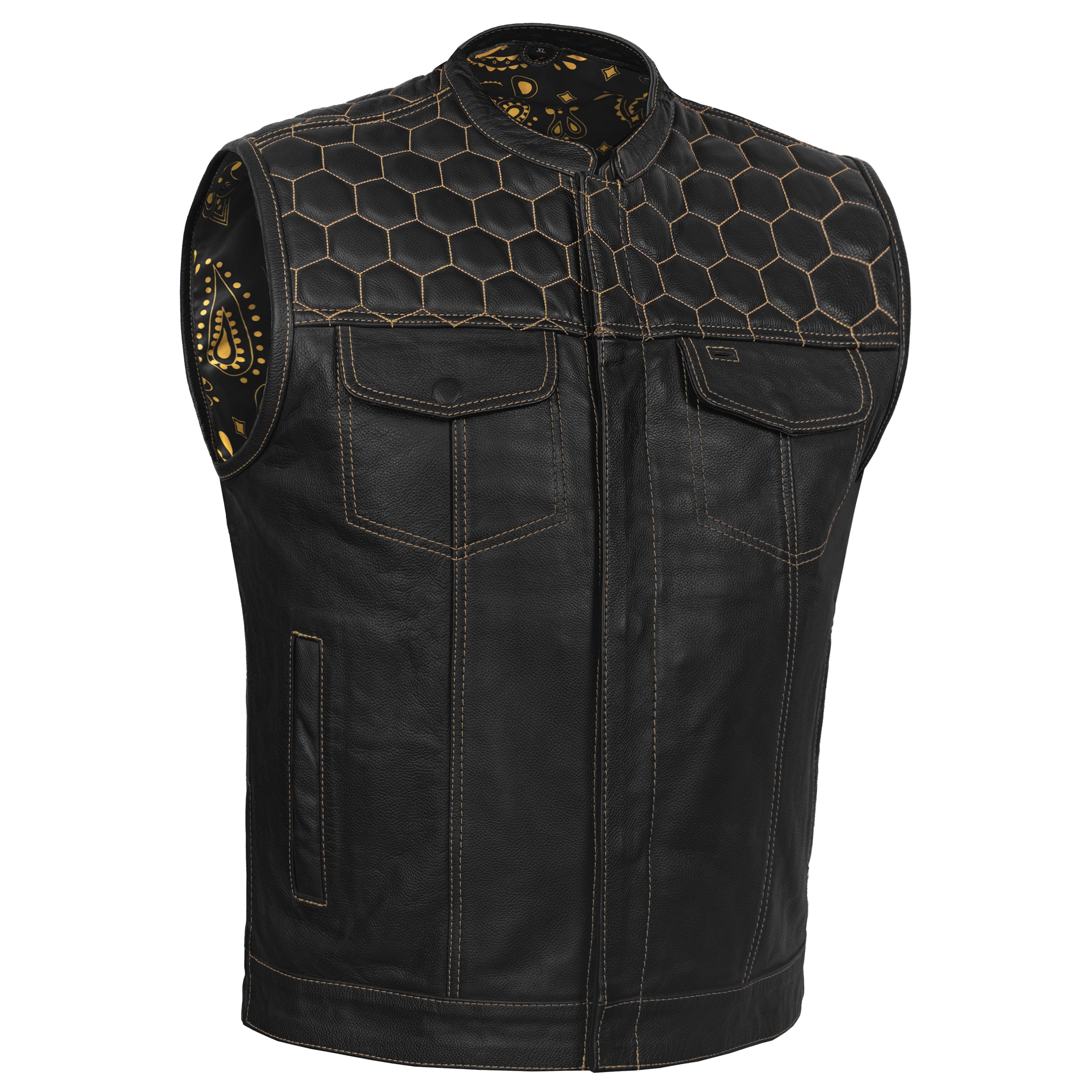 Gold Thread Mens Leather Motorcycle Vest
