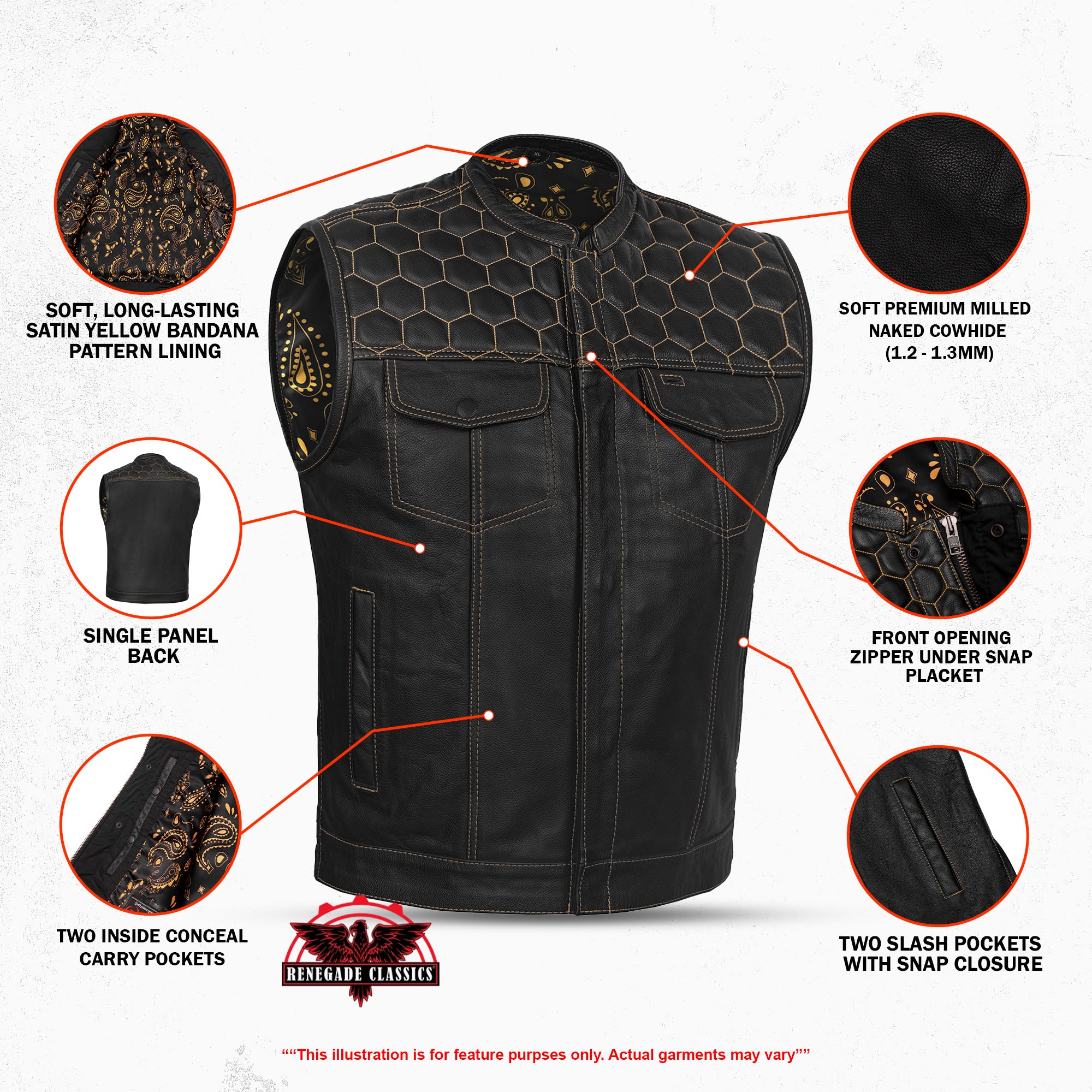 Gold Thread Mens Leather Motorcycle Vest