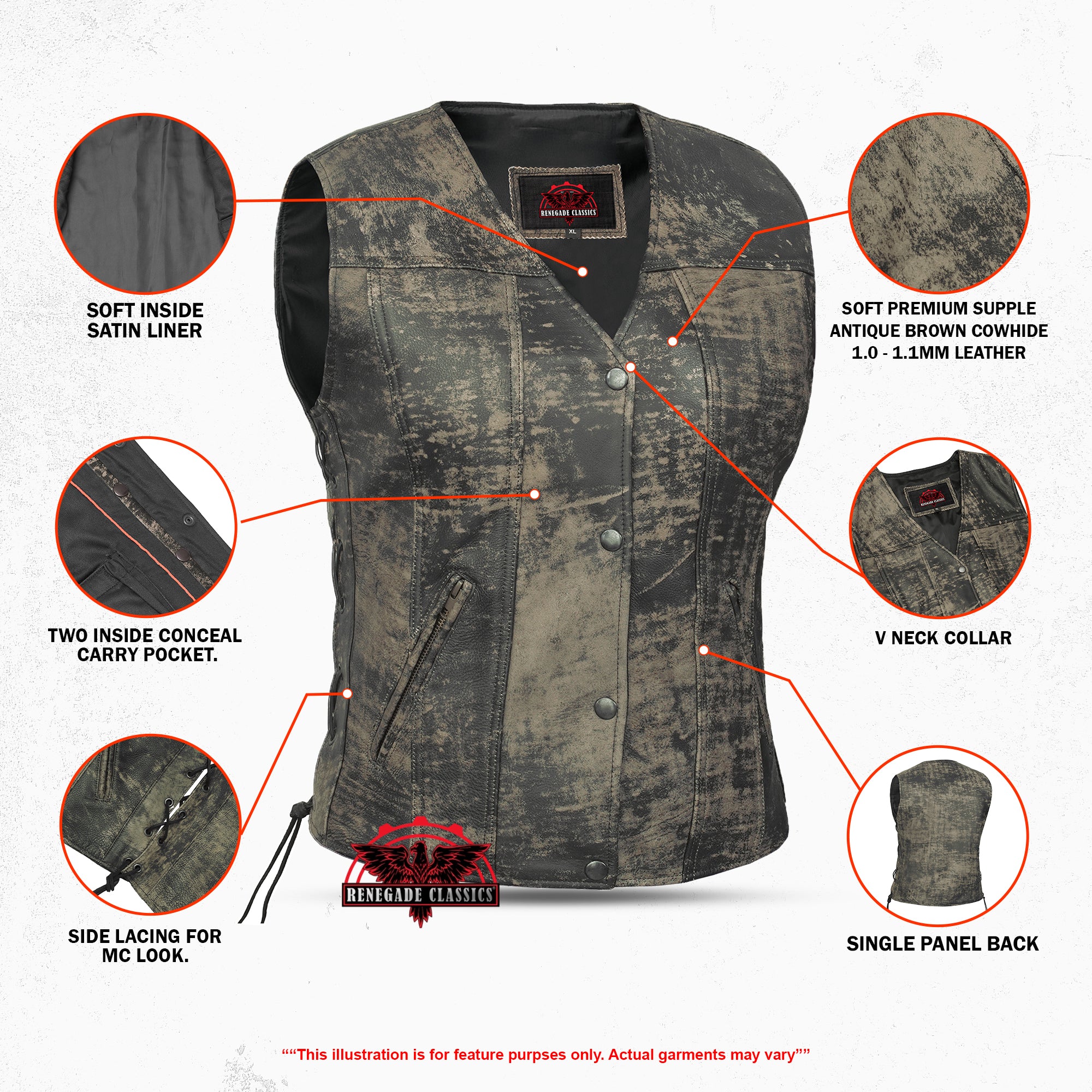 Fury Queem™ Women's leather motorcycle vest-  Antique Brown