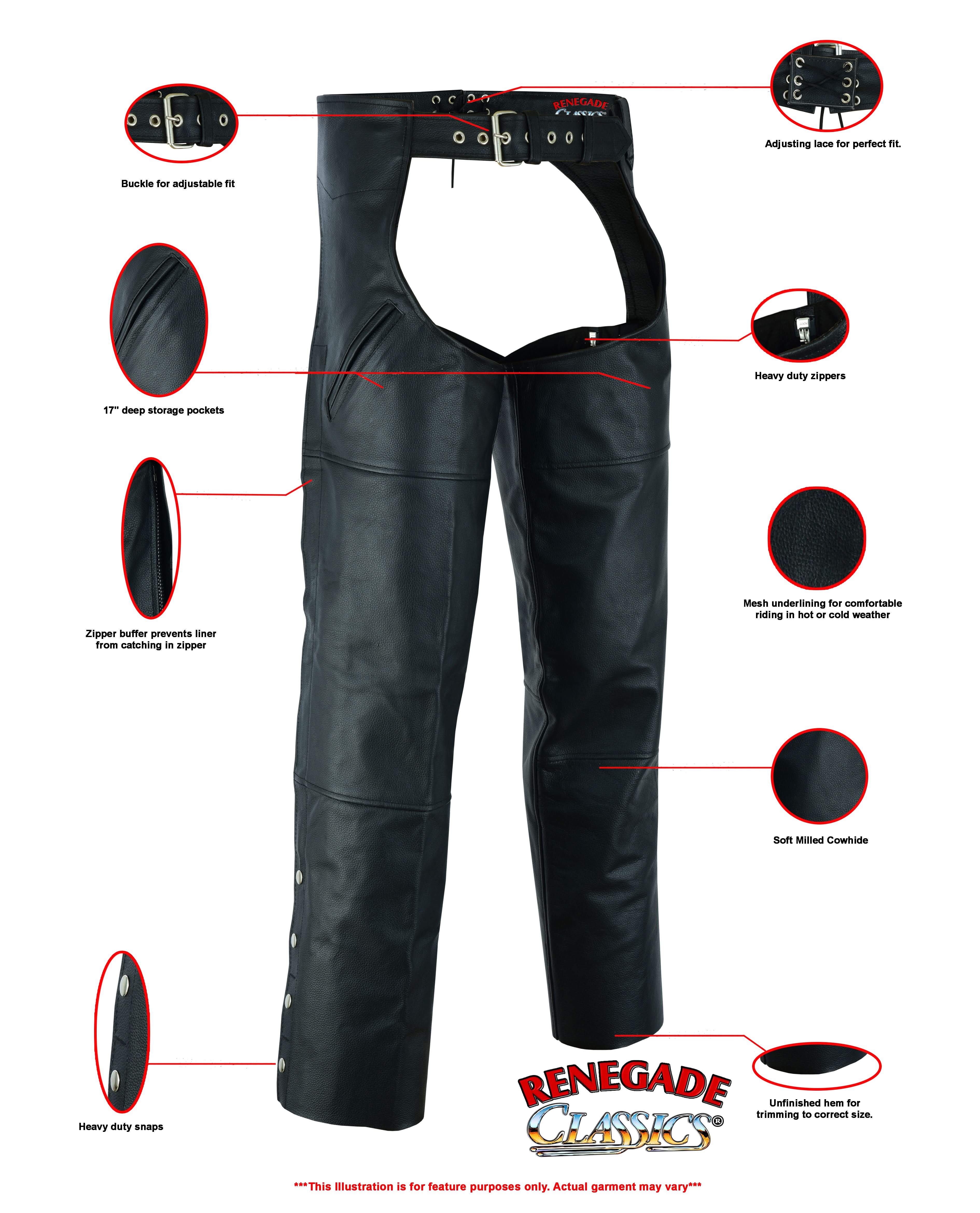 Leather Guard Unisex leather motorcycle chaps - Black Chaps & Pants Renegade Classics