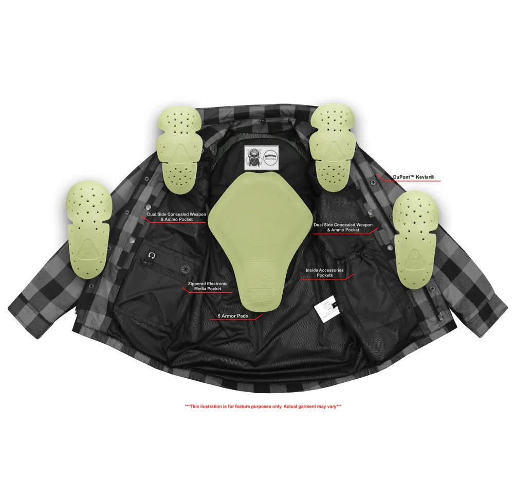 Alpha Check Men's Armored Motorcycle Flannel Shirt - Gray/Black Flannel Renegade Classics