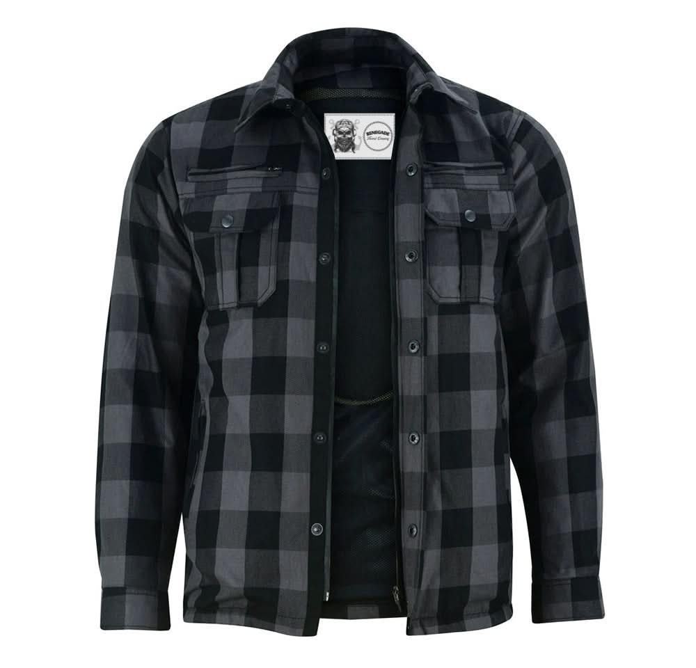 Alpha Check Men's Armored Motorcycle Flannel Shirt - Gray/Black Flannel Renegade Classics