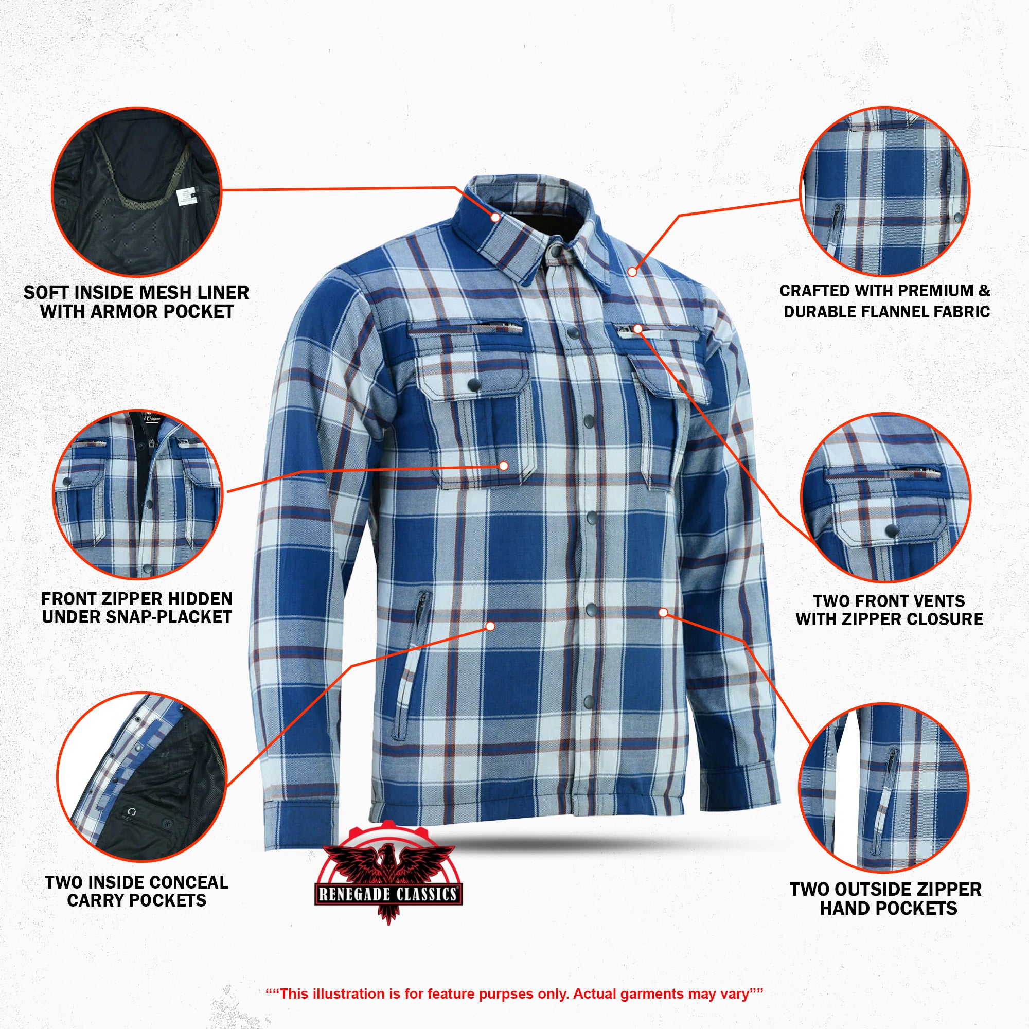 Alpha Check™ Men's  Armored Motorcycle Flannel Shirt - Blue/White/Maroon