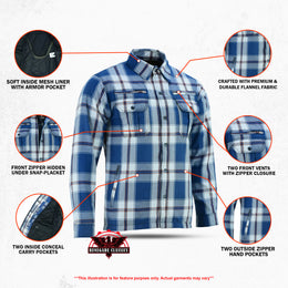 Alpha Check™ Men's  Armored Motorcycle Flannel Shirt - Blue/White/Maroon