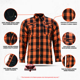 Alpha Check™  Men's  Armored Motorcycle Flannel Shirt - Orange