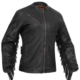 Wild Night™ Women's Fringe Leather Motorcycle Jacket – Black