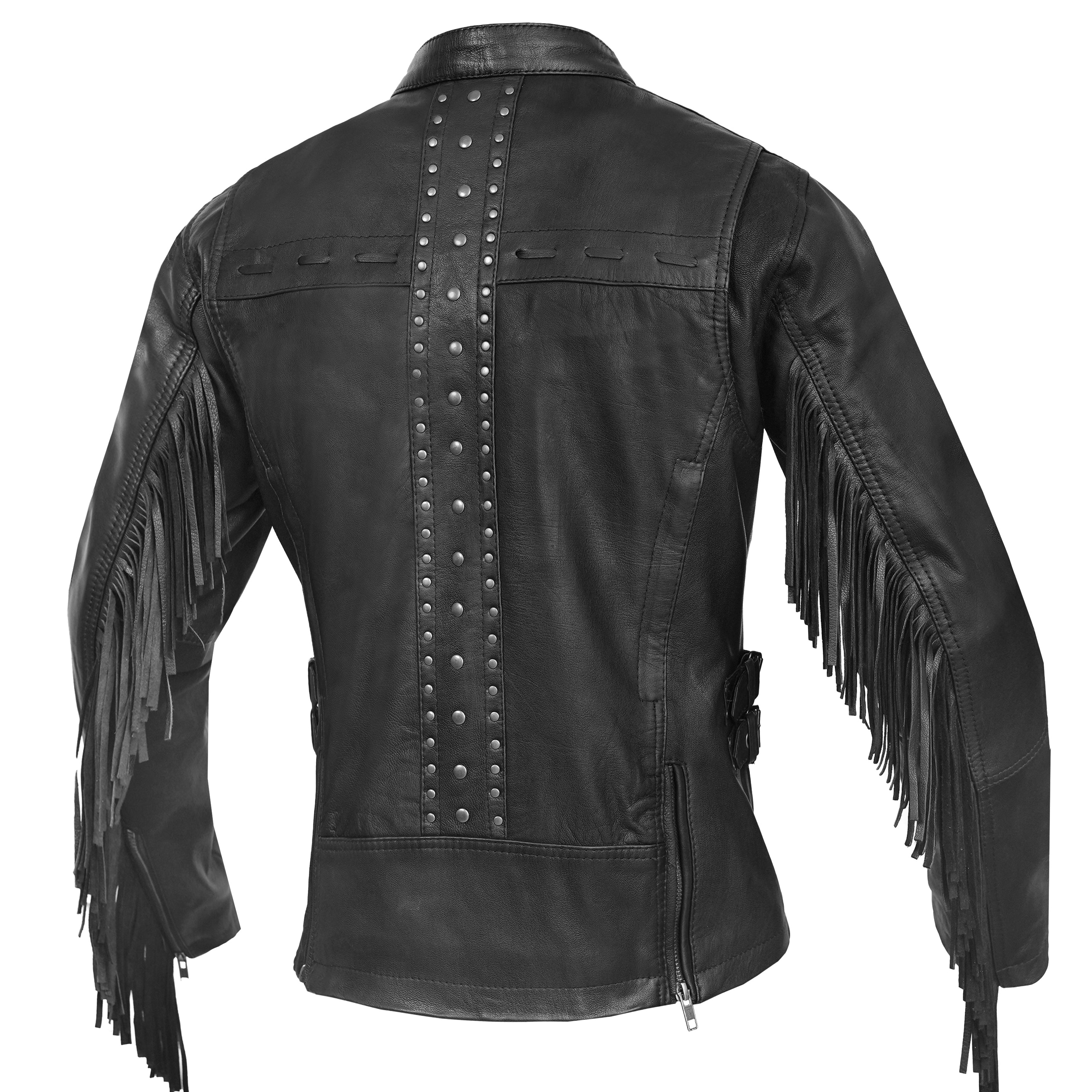Wild Night™ Women's Fringe Leather Motorcycle Jacket – Black