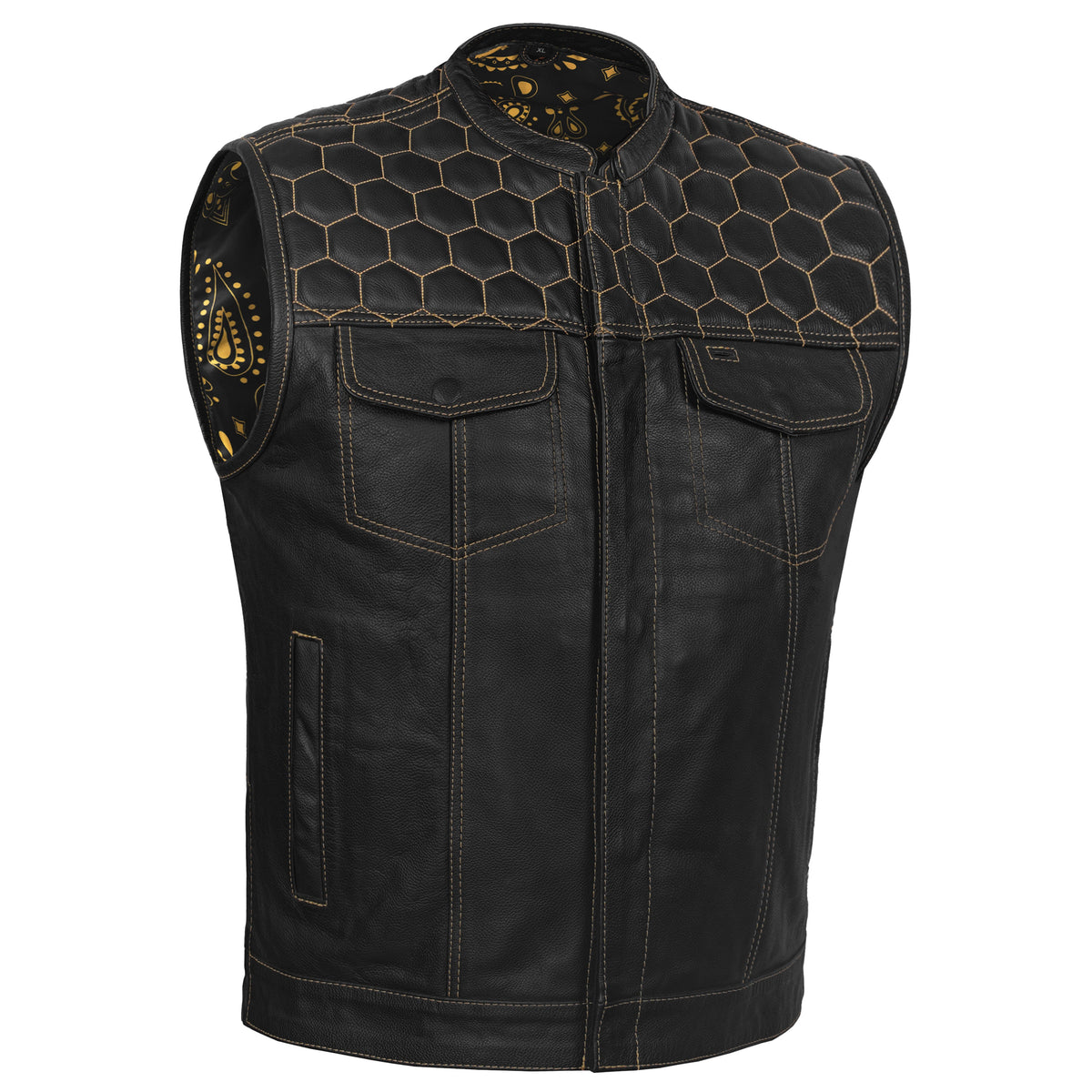 Gold Thread Mens Leather Motorcycle Vest