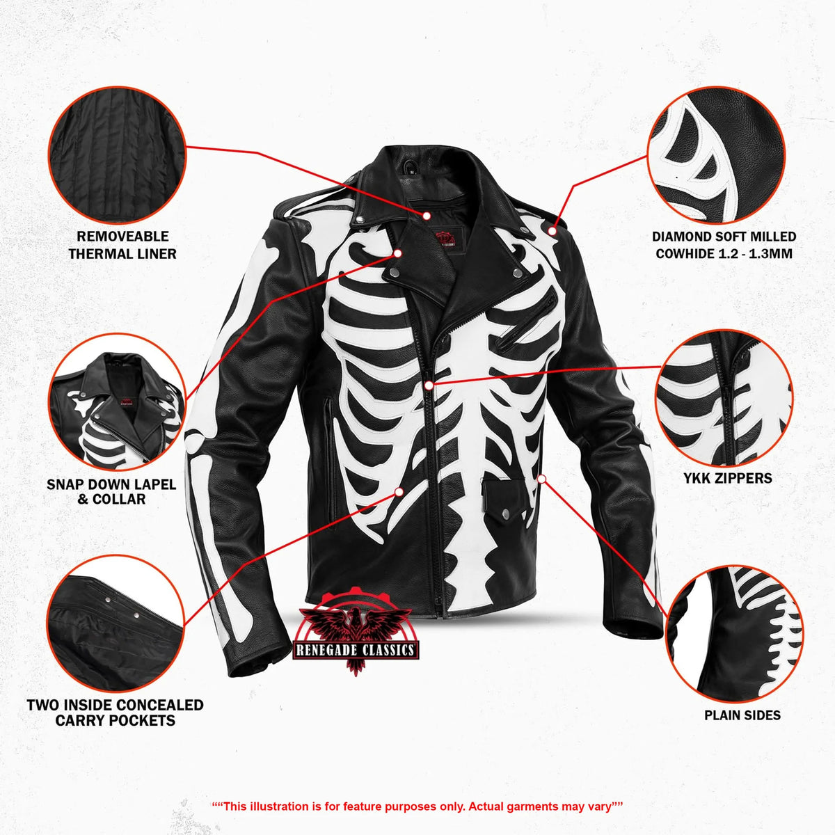 SkullBone Men’s Leather Motorcycle Jacket - Features