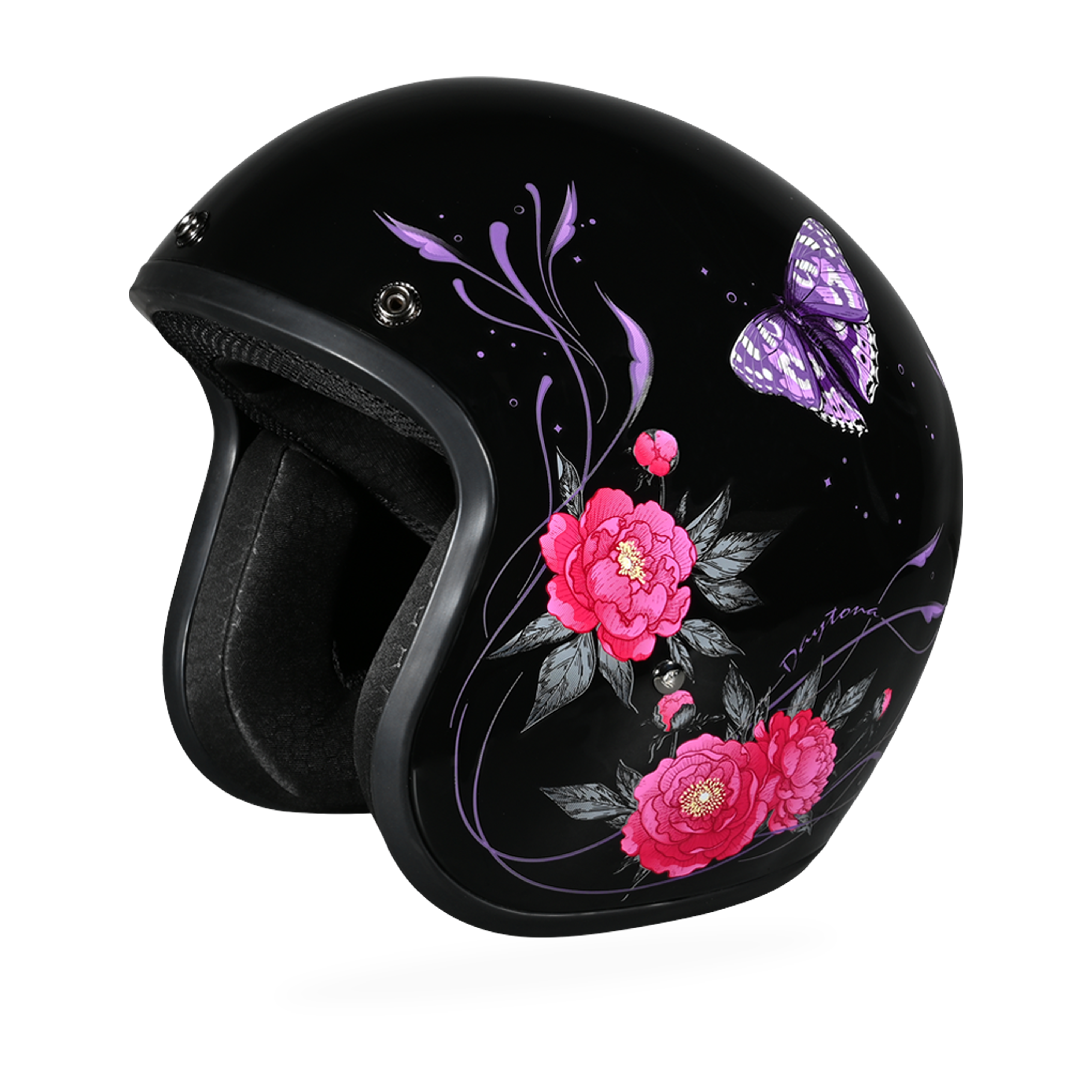 DOT Approved Daytona Cruiser Open Face Motorcycle Helmet - Men, Women & Youth - With Visor & Graphics - W/ Butterfly