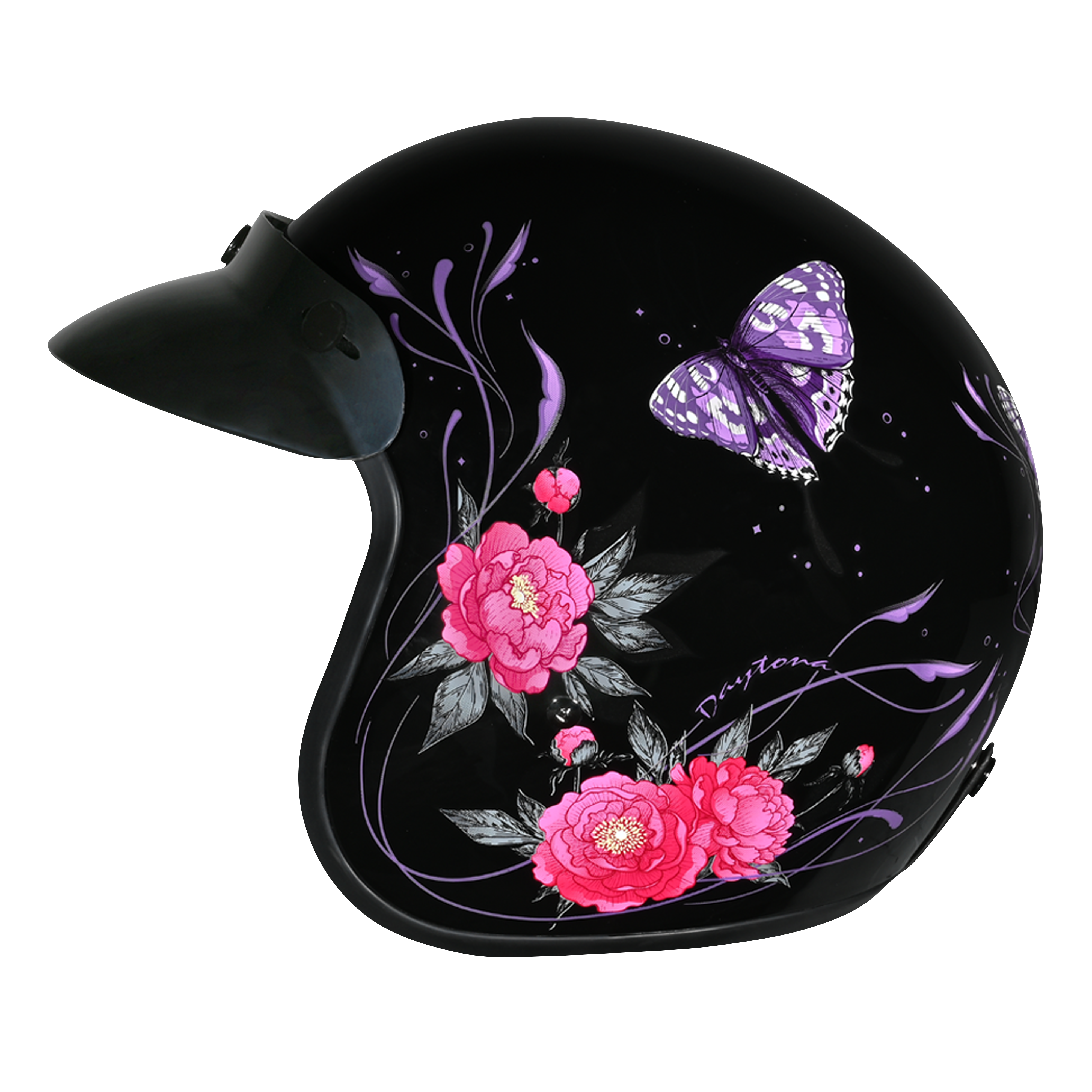 DOT Approved Daytona Cruiser Open Face Motorcycle Helmet - Men, Women & Youth - With Visor & Graphics - W/ Butterfly
