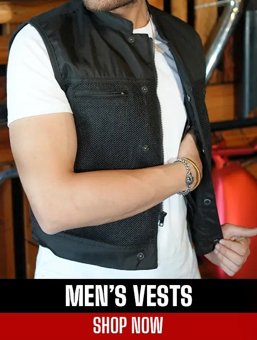 Person wearing a black vest over a white shirt with promotional text at the bottom.