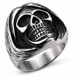 R139 Stainless Steel Sleepy Head Skull Biker Ring