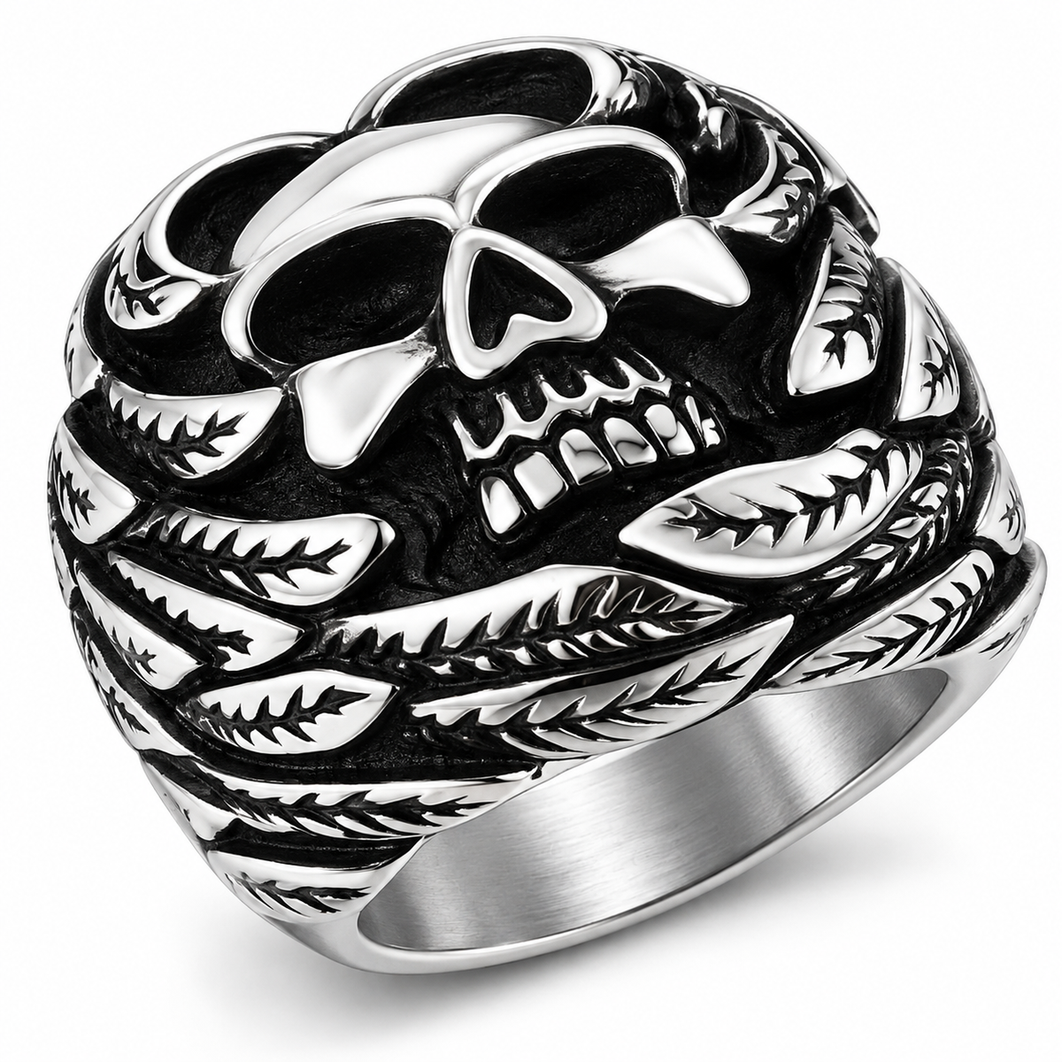 R141 Stainless Steel Feather Face Skull Biker Ring