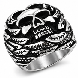 R141 Stainless Steel Feather Face Skull Biker Ring