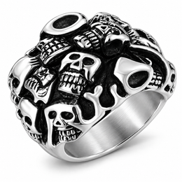 R146 Stainless Steel Many Faces Skull Biker Ring