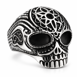R186 Stainless Steel Flower Cane Skull Biker Ring