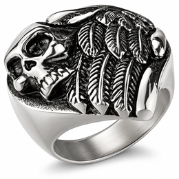 R196 Stainless Steel Feather Wings Skull Biker Ring