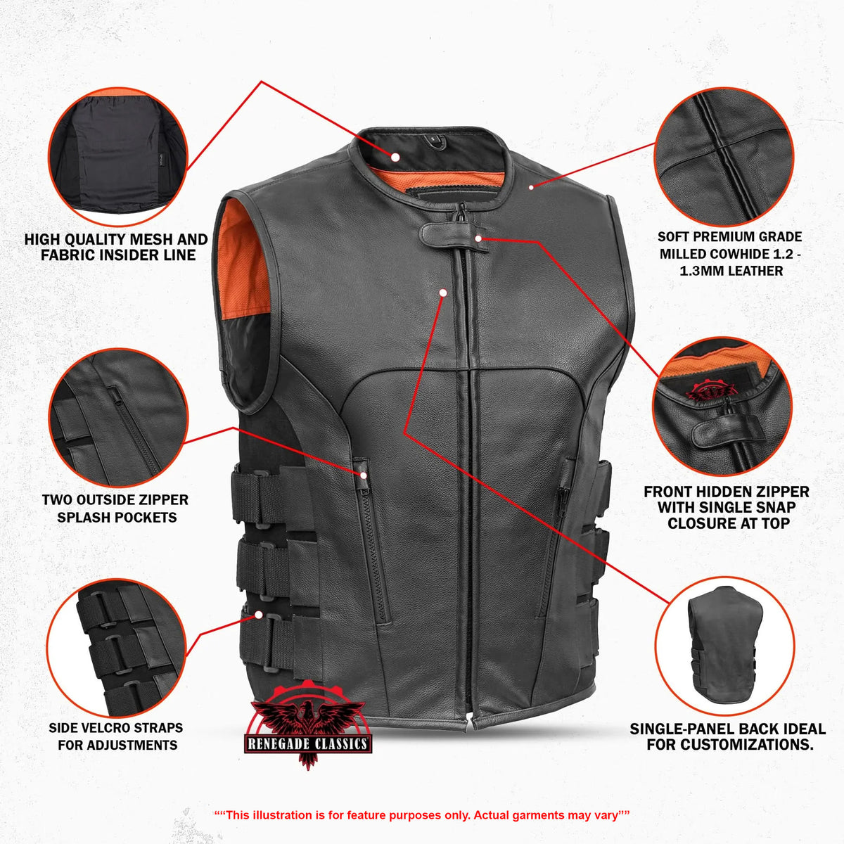 Silent Strike™ Mens Leather Motorcycle Vest - Features