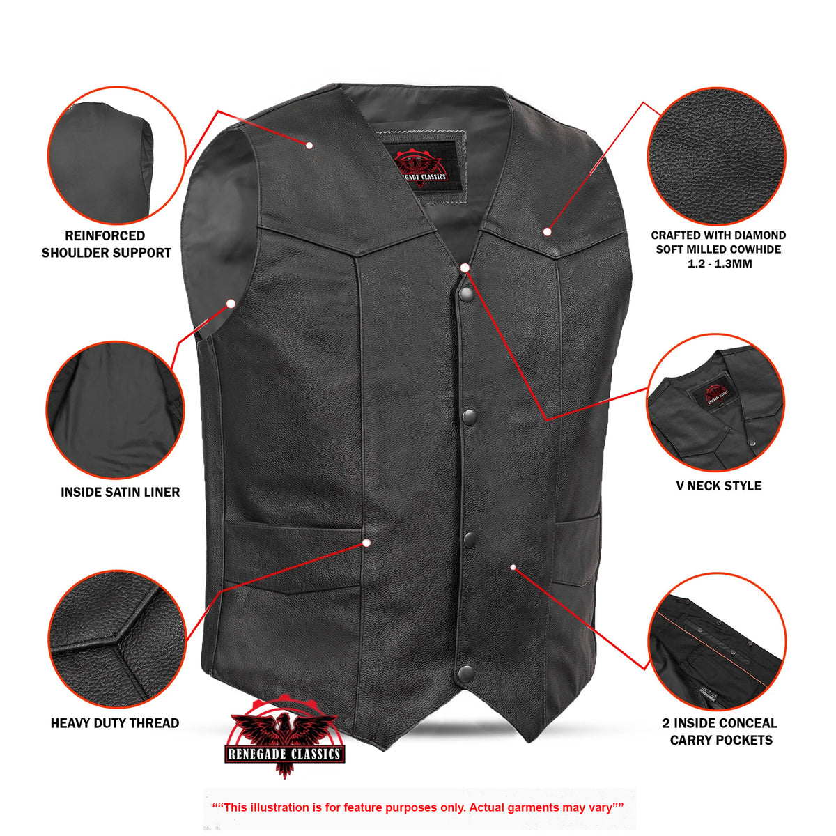 Black Stone™ Mens Leather Motorcycle Vest - Features