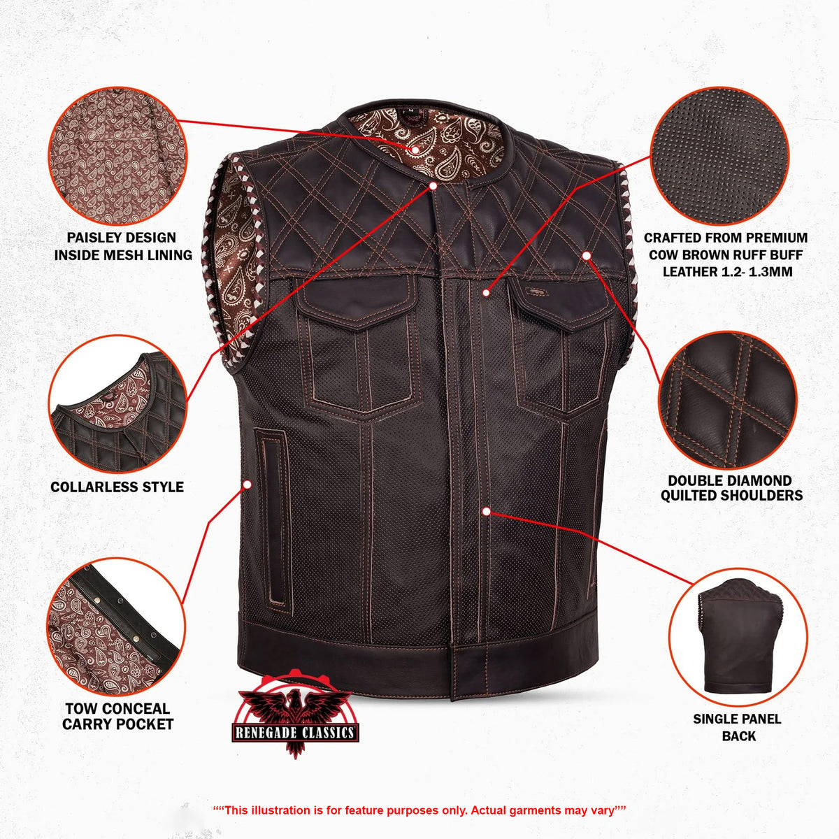 Brex Mens Lowcut Leather Motorcycle Vest - Features