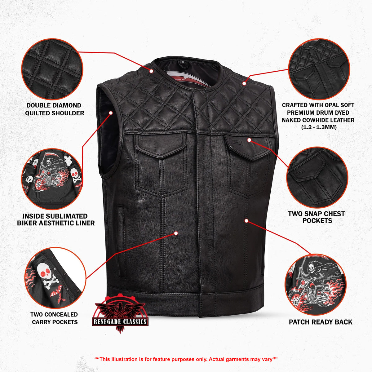 Nocturne Mens Leather Motorcycle Vest - Features