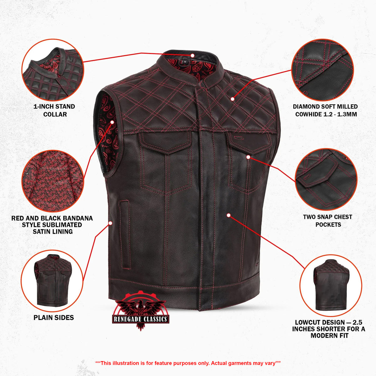 Stonewolf Mens Low Cut Leather Motorcycle Vest - Features