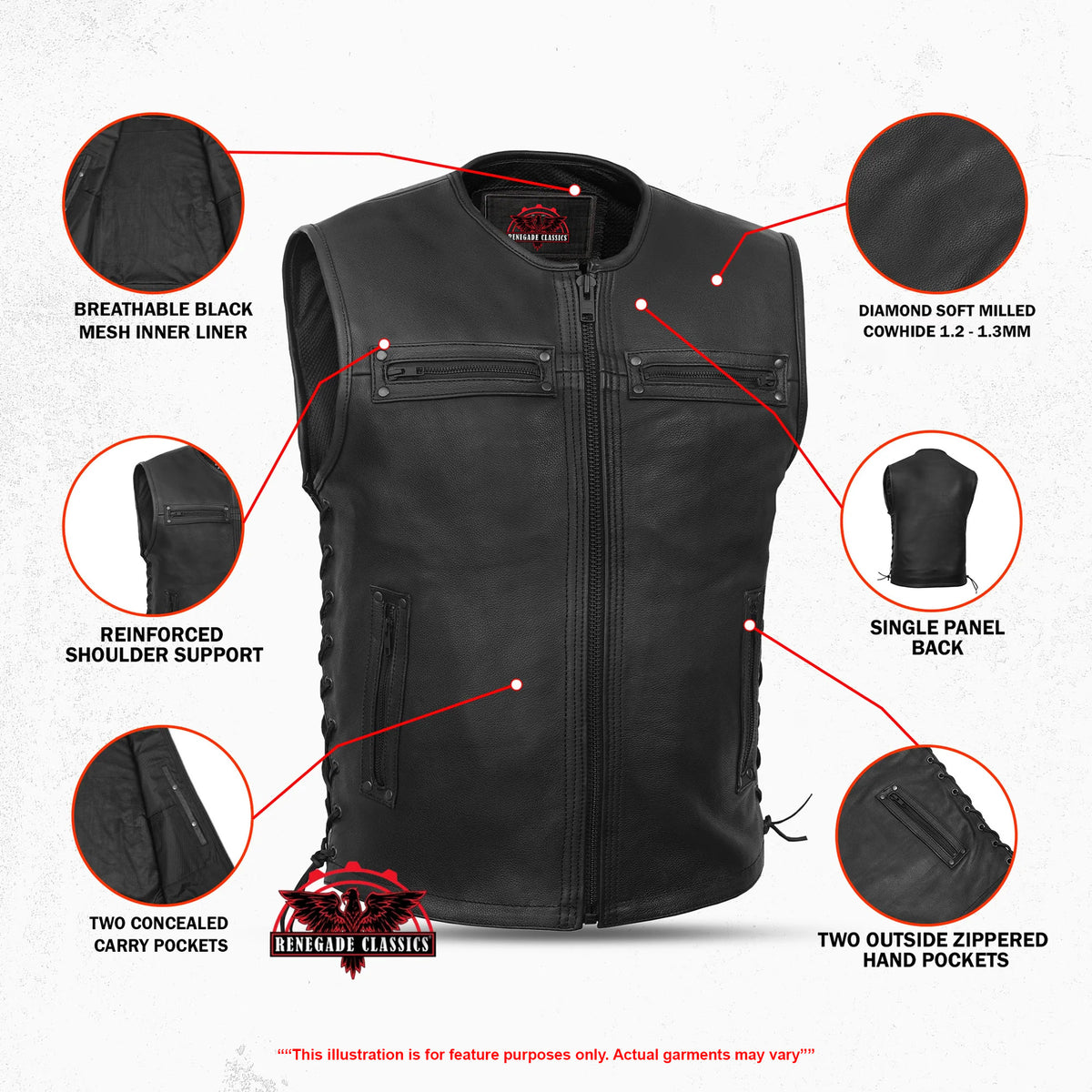Faster Lane™ Mens Leather Motorcycle Vest - Features