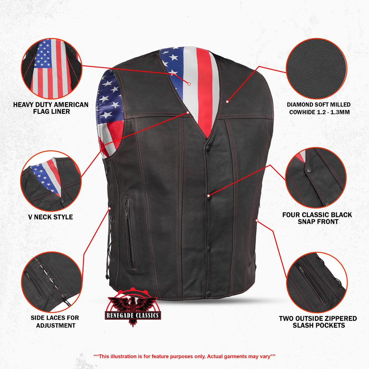 Tribute™ Mens Leather Motorcycle Vest - Features